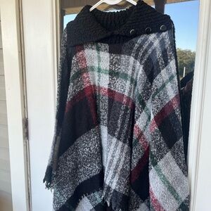 Plaid Knit Poncho with Button Detail